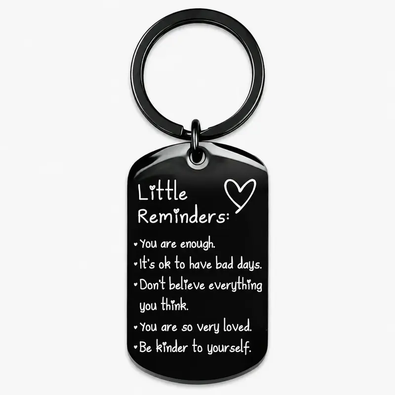 Little Reminders Keychain Gift for Women Men Friend Daughter Sister Birthday Graduation Christmas Gift, Inspirational Self Love Mental Health Reminder Keyring, Stainless Steel Dog Tag Keychain in Black Silver