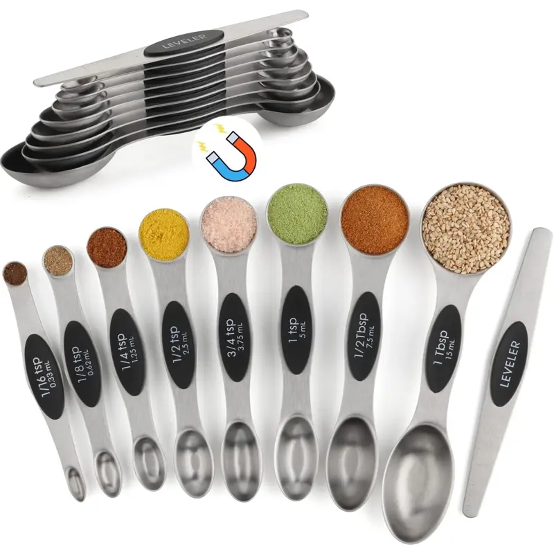 9-Piece Magnetic Stainless Steel Measuring Spoons Set - Dual-Head Level Design, Sturdy Precise Measurement, Multi-Size, Easy Storage Kitchen Gadgets for Cooking, Syrup Measurement, Christmas Baking