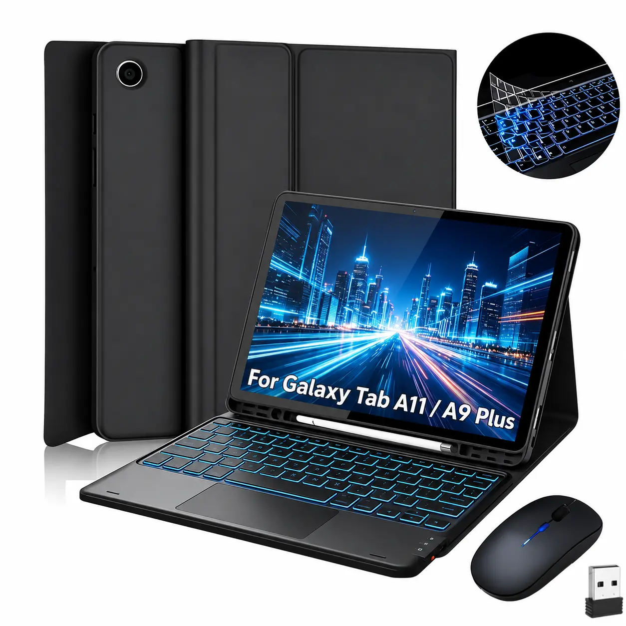 Case Keyboard for Samsung Galaxy Tab A11+ / A9+ Plus 2026/2023 11 Inch - Mouse and Detachable Magnetic RGB Keyboard, Stylus & Keyboard Film,Slim Case with S Pen Holder, Auto Sleep/Wake (Black)