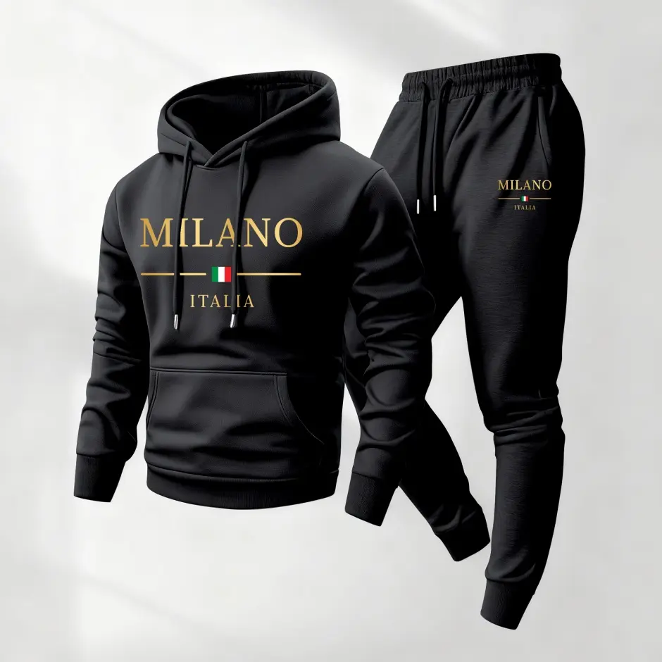 Men's Milano Italy Print Hoodie and Drawstring Sweatpants Set, Menswear, Casual Athletic Long Sleeve Hooded Jacket & Trousers for Fall & Winter, Men's Clothing for Daily Wear, Sportswear Indoor Outdoor, Tracksuit, Athleisure Summer Clothes
