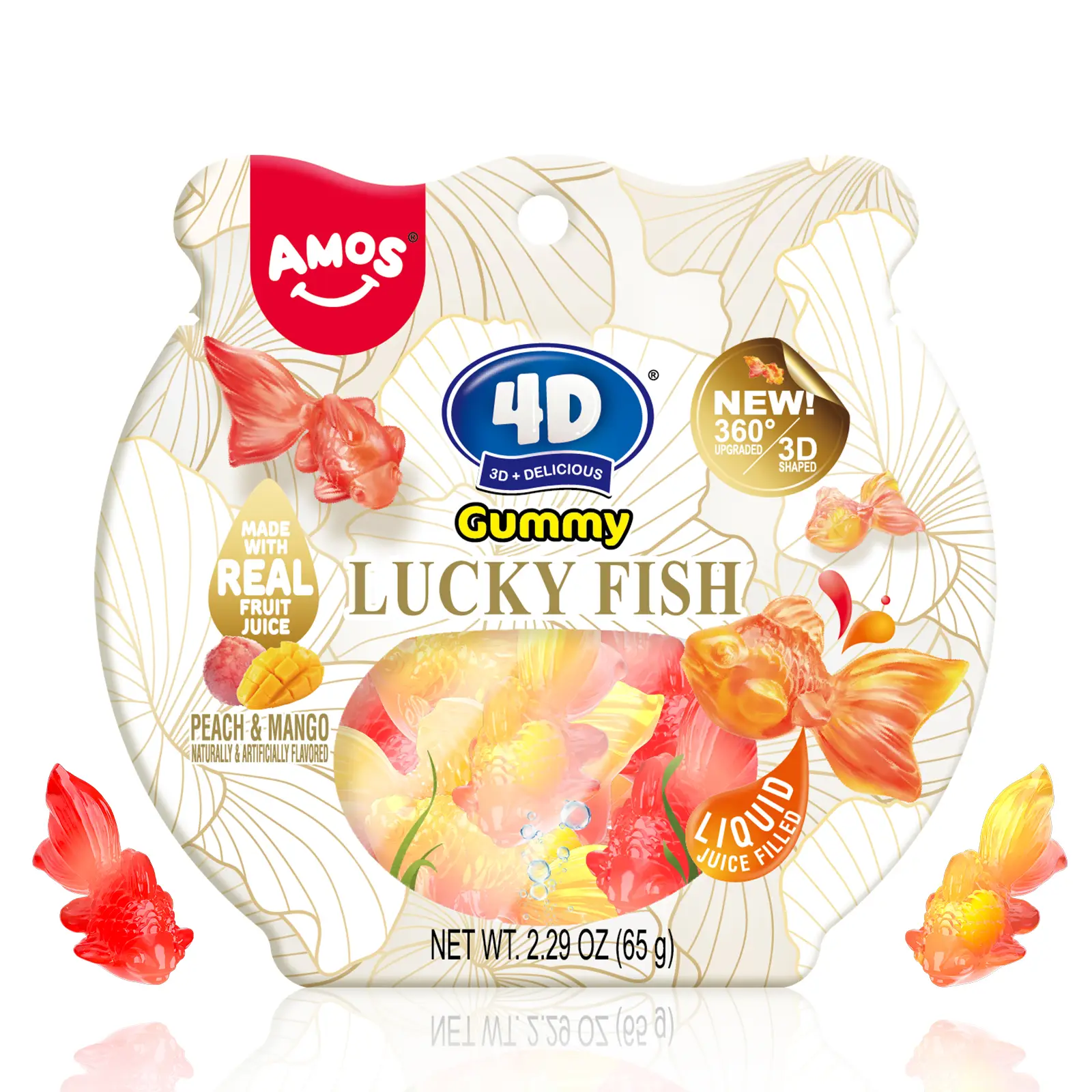 Amos 4D Lucky Fish Gummy – Real Juice Filled, 3D Shaped Goldfish Candy for Fun & Drinks(Peach & Mango Flavor, 65g) Perfect Sweet gift Snack Fruit