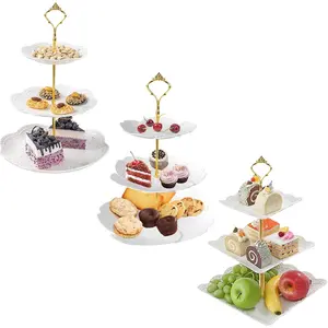 3 Set 3 Tier White Dessert Stands, Tiered Cake Stands, Fruit Candy Display Includes Square/-/Round Dessert Tiered Stand for Wedding Birthday