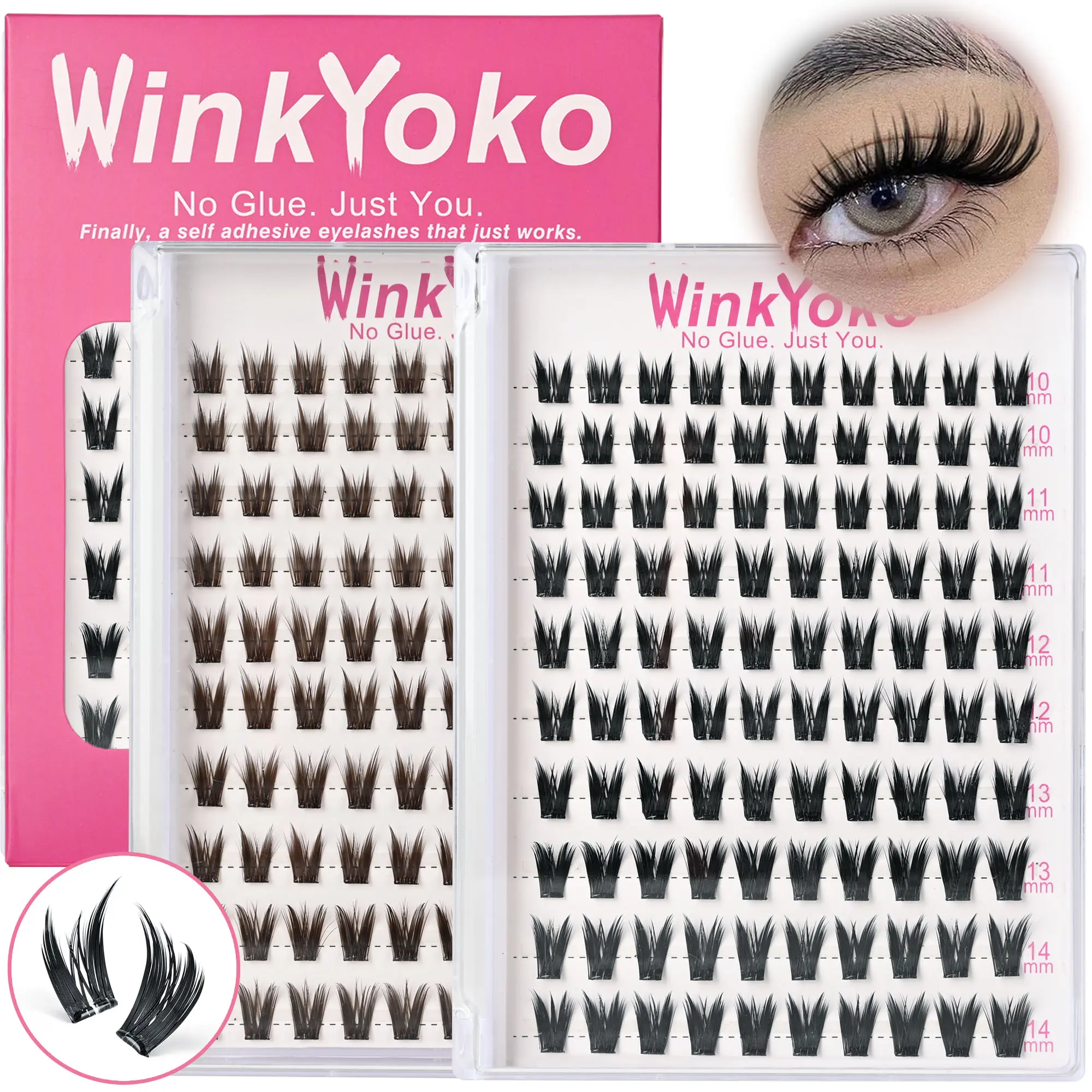 WinkYoko Upgrade Self Adhesive Eyelash Clusters Kit, Pre-Glued Bunny Style, Beginner-Friendly C Curl 10-14mm Mixed Spiky Waterproof, Soft Thin Band Lightweight Wispy Cat Eye Look for Adults