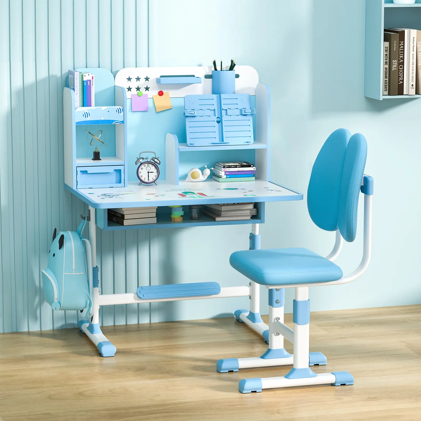 2Pcs School Furniture Desk Chair Set - Adjustable Height Desk Setup with Sitting Corrector, Ergonomic Design, Book Stand, Foot Pedal, Partition, Backpack Hooks, Density Board, Drawer Keeps Tidy, Assembly Required (Pink, Blue)