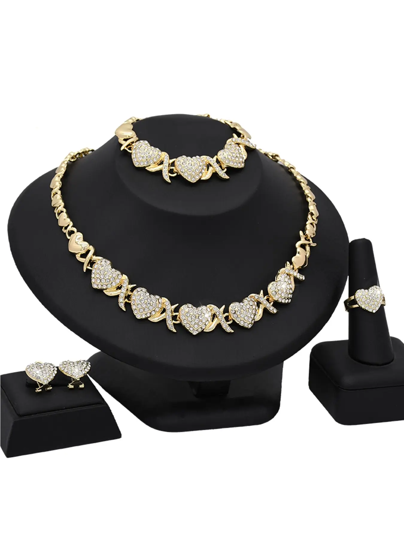 Four-Piece Elegant Xo Heart Crystal Jewelry Set for Women, Wedding Party Bride Necklace Ring Earrings Bracelet Set, Elegant Heart Design