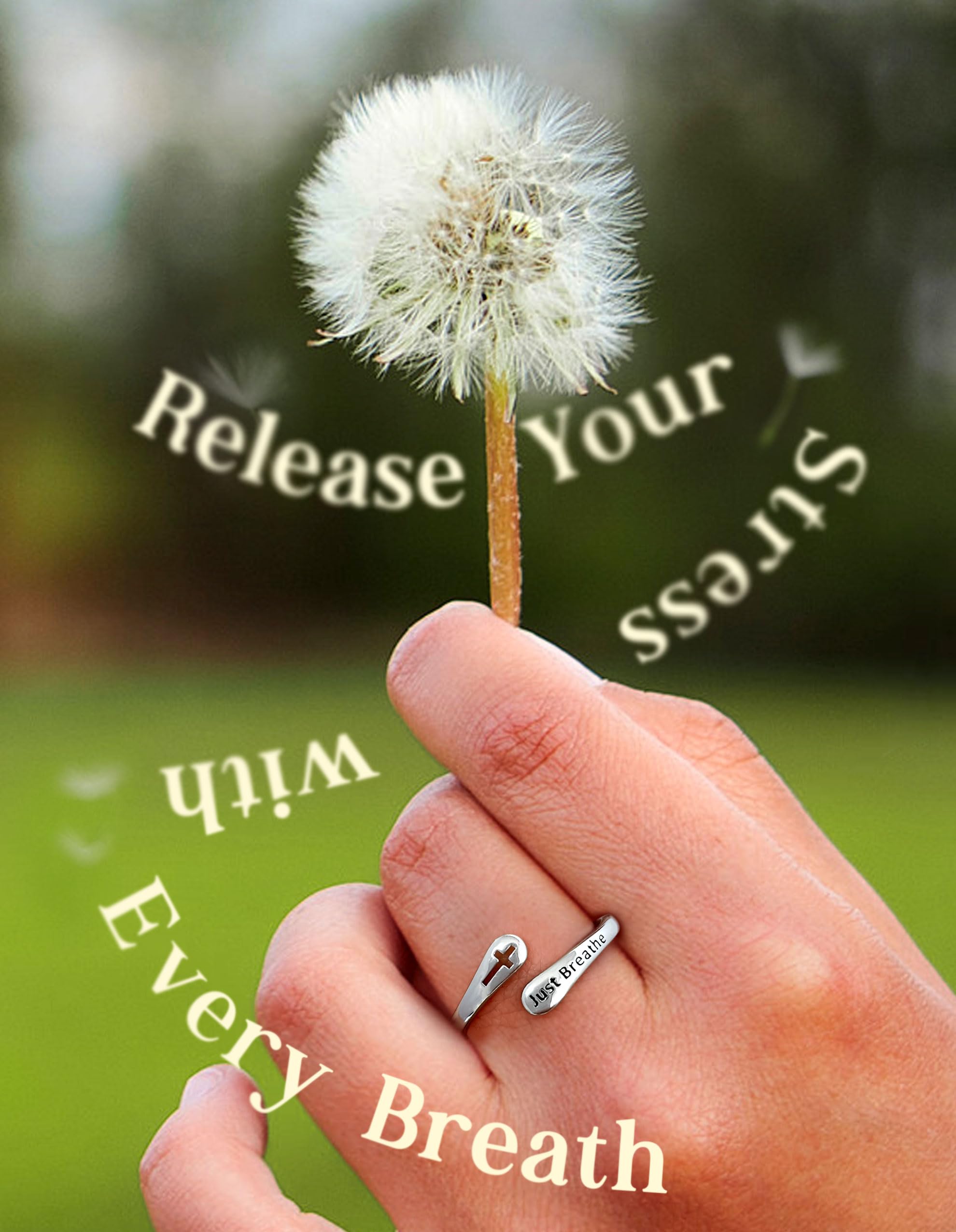 925 Sterling Silver Just Breathe Cross Ring for Women Men, Dainty Religious Faith Rings, Minimalist Anxiety Relief Jewelry Gift for Birthday Christmas Graduation, Hypoallergenic Silver Stacking Rings for Daily Wear