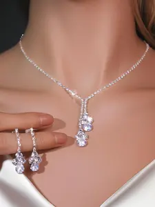Women's Elegant Artificial Zircon Decorated Necklace & Dangle Earrings, Exquisite Trendy Jewelry Set, Fashionable Jewelry Set for Party Decoration