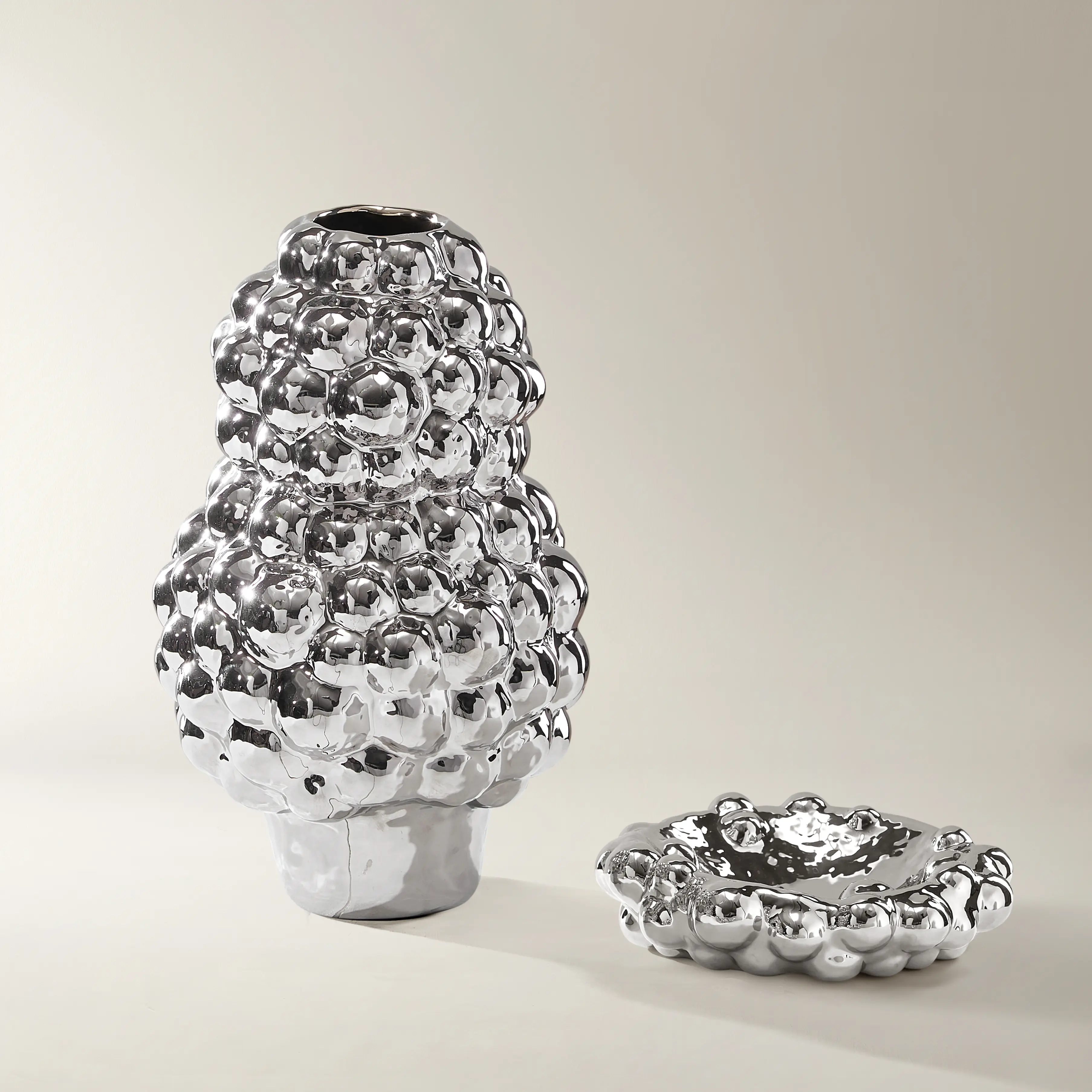 Z Gallerie Odyssey Collection Porcelain Vase & Bowl Set - Luminous Bubble Bead, Silver & Gold Shiny Table Decor, Artistic Sculptural Decorative Vases for Home Supplies, Home Decoration