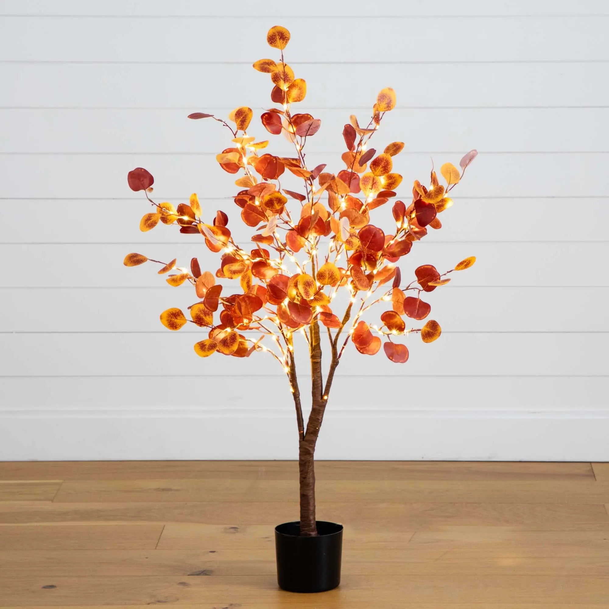 4' Tall Pre-Lit Artificial Autumn Eucalyptus Tree - 160 Warm White LED Lights, Decorative, Bendable Branches, Botanical Aesthetic Nursery Home Decor Plant for Nursery Planter, Pre-Lit Tree