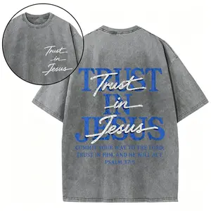[KM 100%cotton]Christian Washed Oversized Tee, "Trust in Jesus" Psalm 37:5 Bible Verse Design, Faith-Based Gift for Men & Women,funny shirt