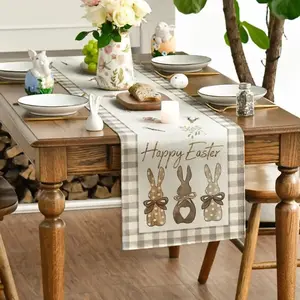 Happy Easter Table Runner 13x72/106 Inch, Checkered Bunny Design Spring Tabletop Decor, Perfect for Home Dining & Party Decoration