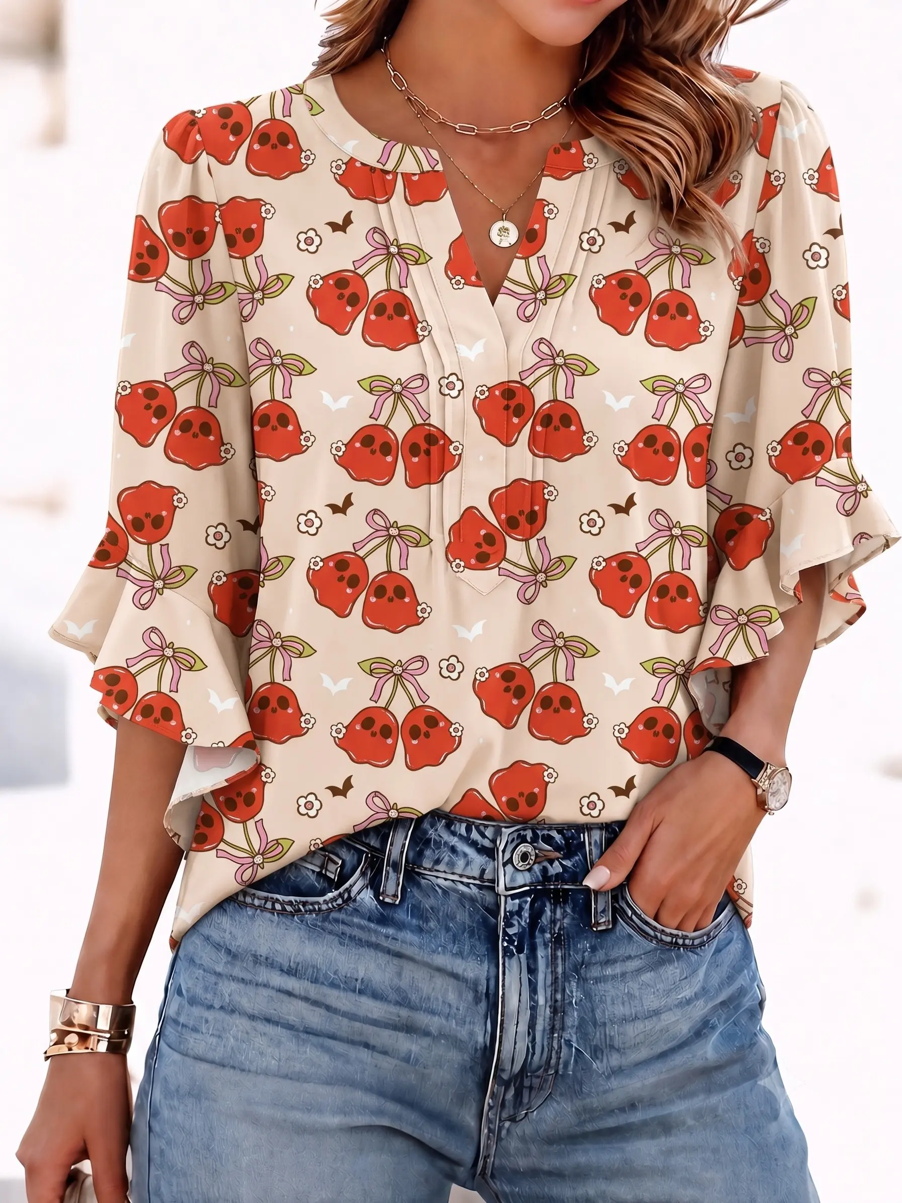 Women's Spooky Season Cherry Skull Print Blouse, Flowy Bell Sleeve Notch Neck Shirt, Halloween Fall Aesthetic Womenswear Top, Shirts