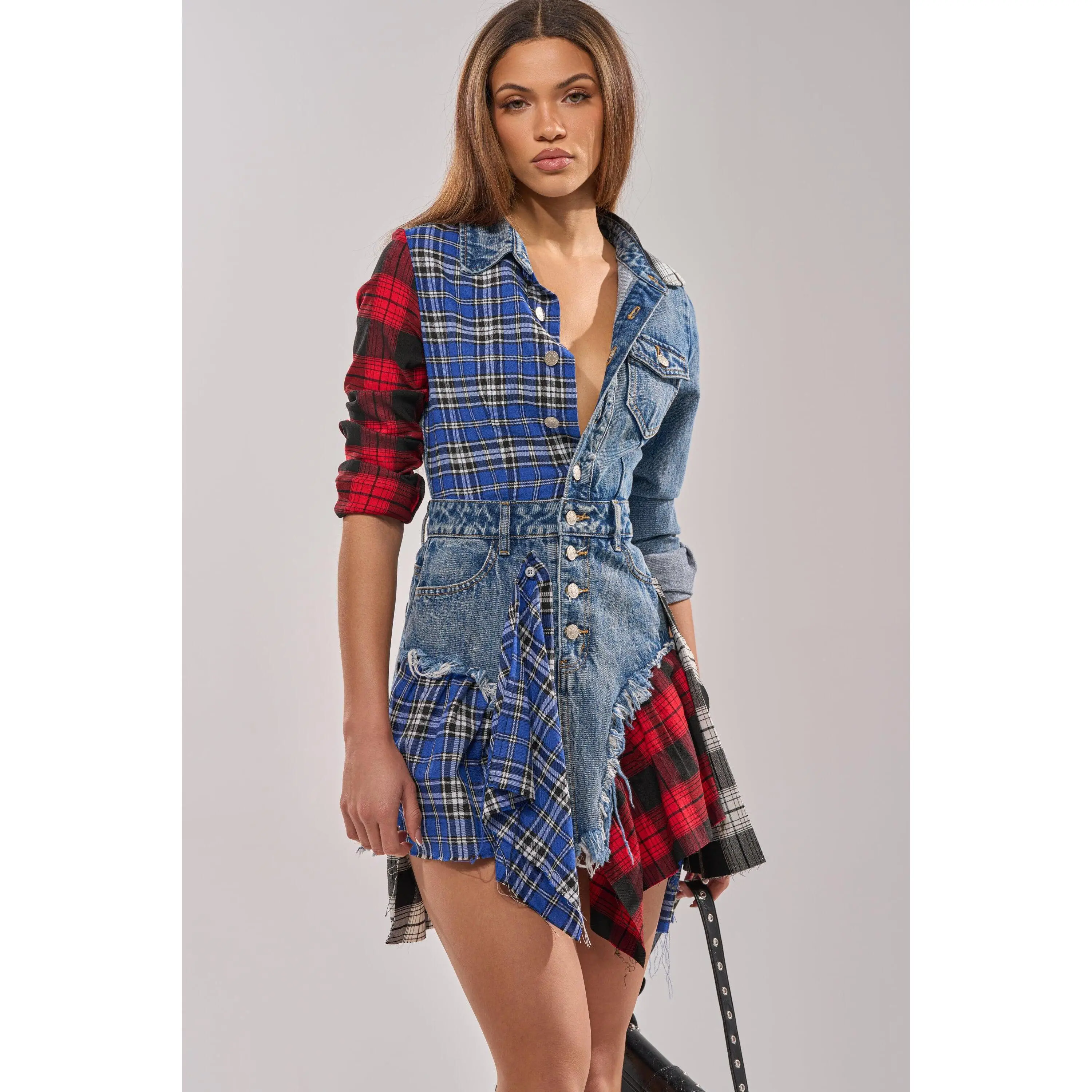 PATCHWORK PLAID DENIM MINI DRESS