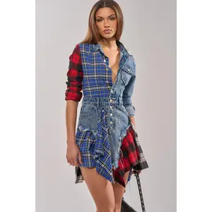 PATCHWORK PLAID DENIM MINI DRESS
