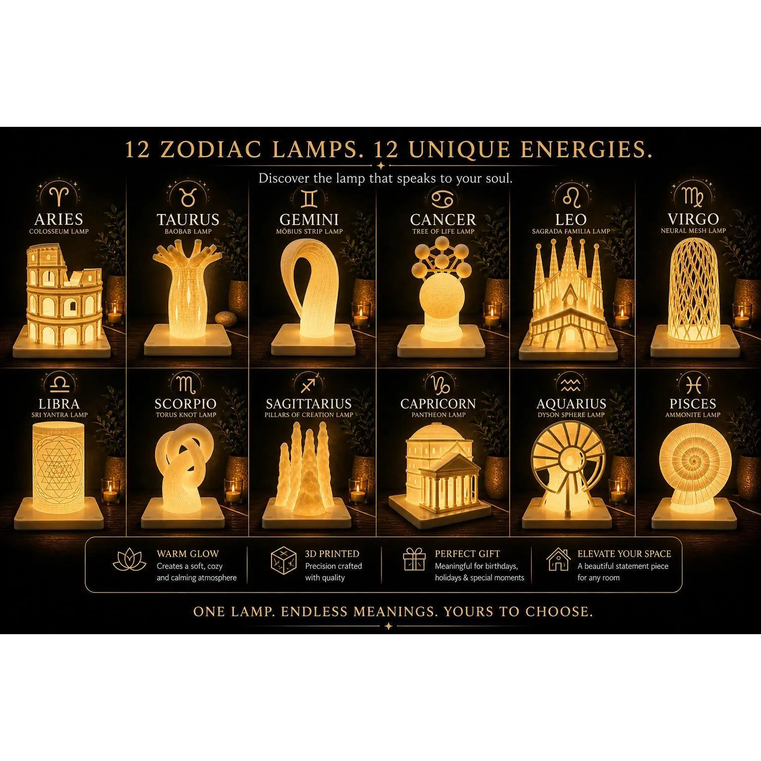 Zodiac Lamps, Match Your Energy, Lift your Aurora, 3d Printed Ambient Accent Lamp