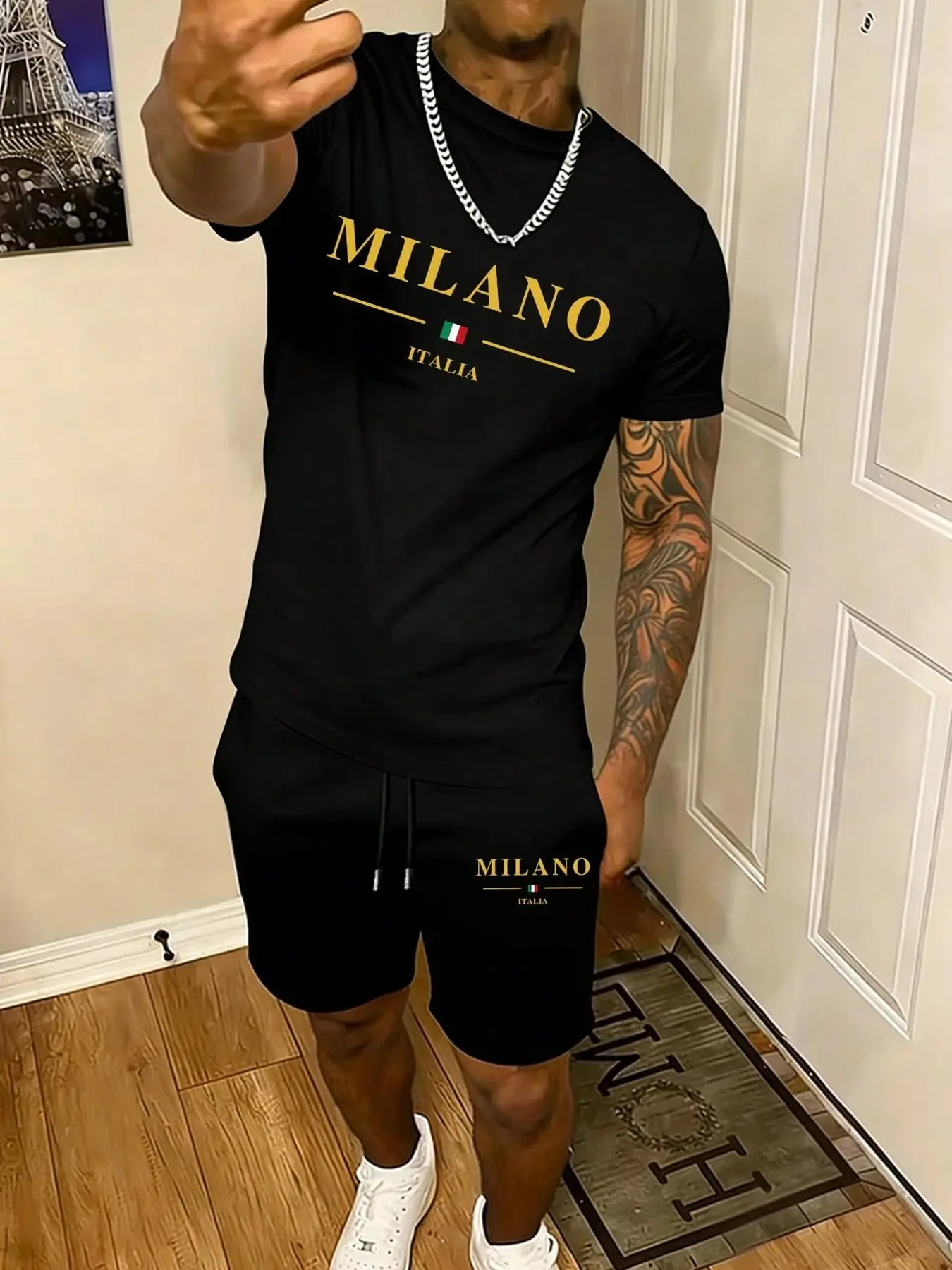 Milano Italia Men's Summer 2-Piece Short Set - Luxury Fitted Graphic T-Shirt & Sports Shorts Sporty Tracksuit - High-End Fashion Athletic Streetwear Athleisure Outfits Summer Clothes for Vacation & Casual Daily Wear