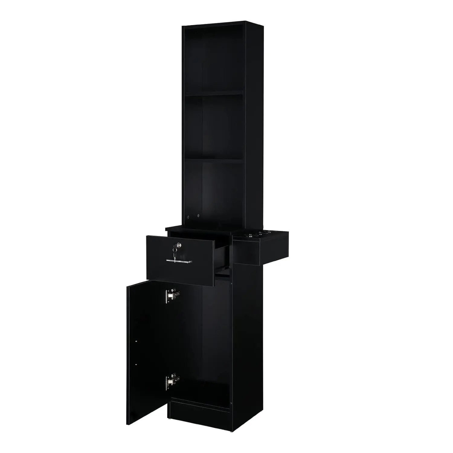 OmySalon Durable Adjustable Aluminium Beauty Salon Equipment Station, Commercial Speciality Salon Furniture with 3-Tier Storage Shelf, 1 Drawer, Large Cabinet, 3 Heat Resistant Dryer Holders, 20kg Capacity, 14.6"l x 13"w x 69.7"h
