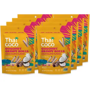 Thai Coco Chocolate Crispy Coconut Rolls 8 Bag (3.5 oz) - Organic Tropical Snack, Vegan, Gluten-Free, Dairy-Free, Non-GMO, Light Fluffy Healthy Snack