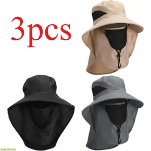 Unisex 3-Pack Wide-Brim Fisherman Hats - Anti-UV UPF Sun Protection, Breathable Mesh Details, Adjustable Chin Straps, Lightweight Hiking Coastal Flat Hats, Fashion Accessory (Brown, Black, Gray), Hiking Hats, Breathable Mesh Hats