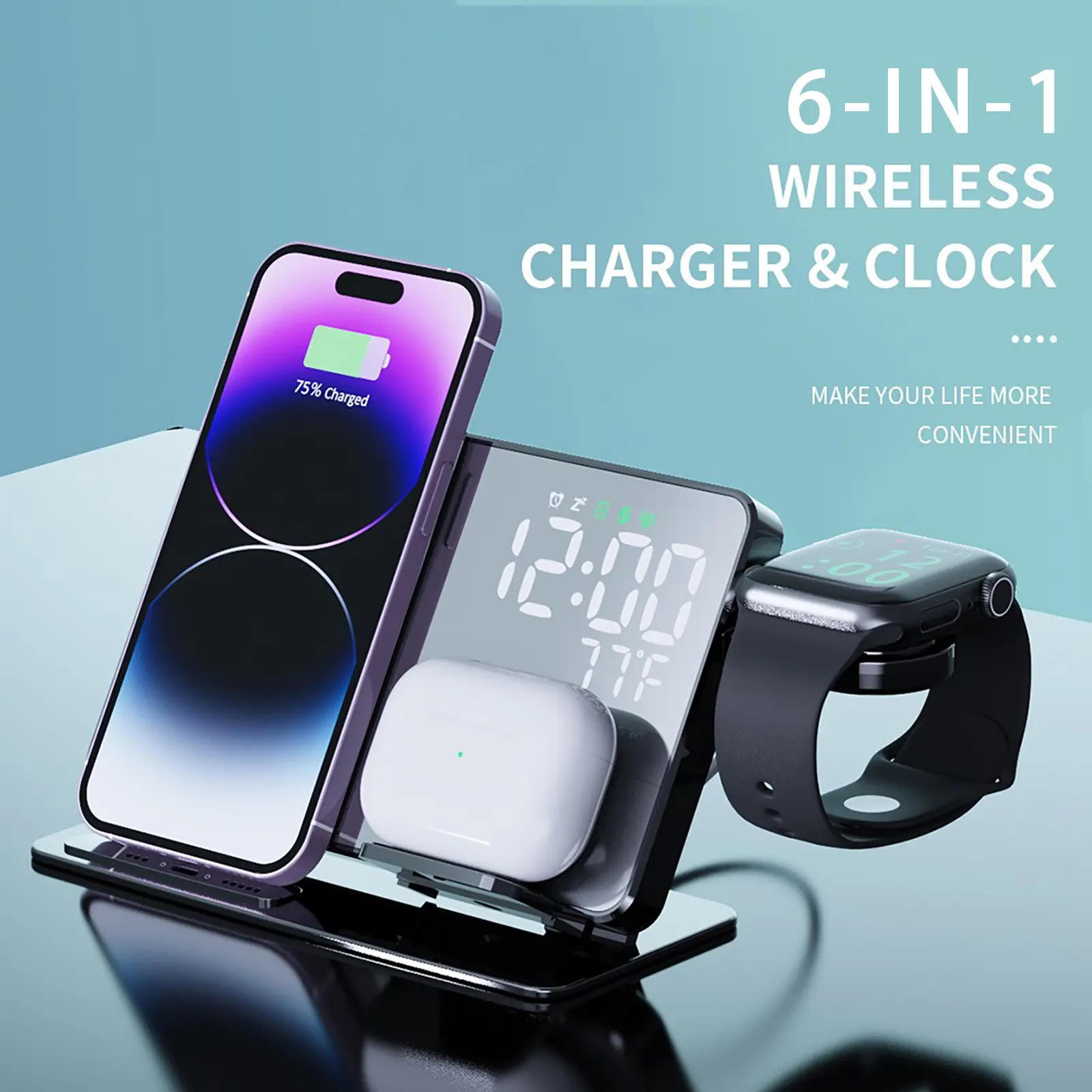BackToSchool 6 in 1 Wireless Charging Station with LED Time Sync Clock, Temperature Display, Bedside Mirror, Organizer for Electronic Devices, for Phone/Watch/AirPods/Android Devices