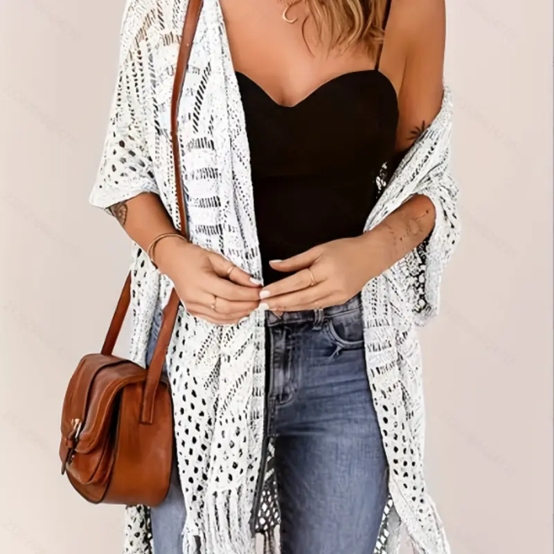Medium-Length Fashion Loose Knit Kimono Open Front Cardigan, Casual Knit Cardigan, Knitwear Sun Protection Large Size Women's Top Outerwear, Trendy Fringe Design
