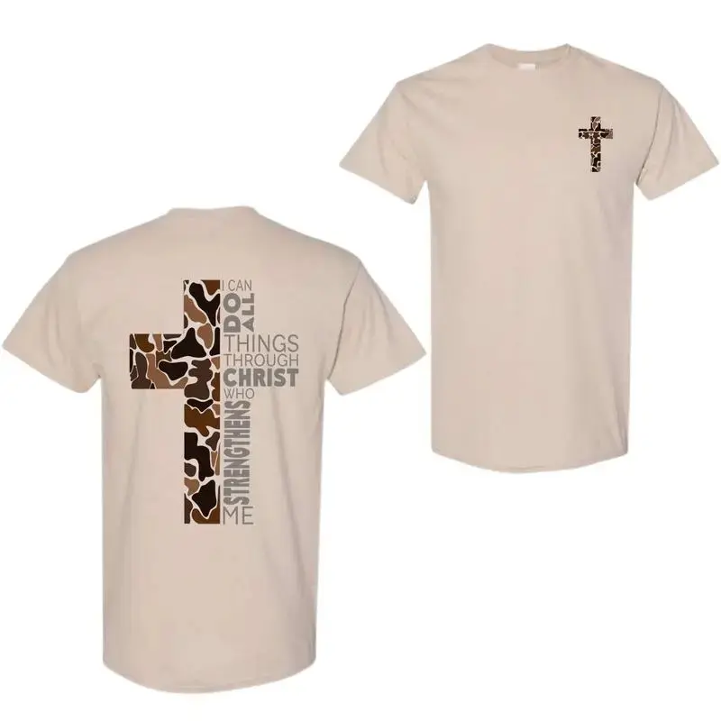 Christian Camo Cross T-Shirt, Philippians 4:13 Verse, Faithful Believers & Outdoorsmen, Inspirational Graphic Tee for Daily Wear, For Men, For Women