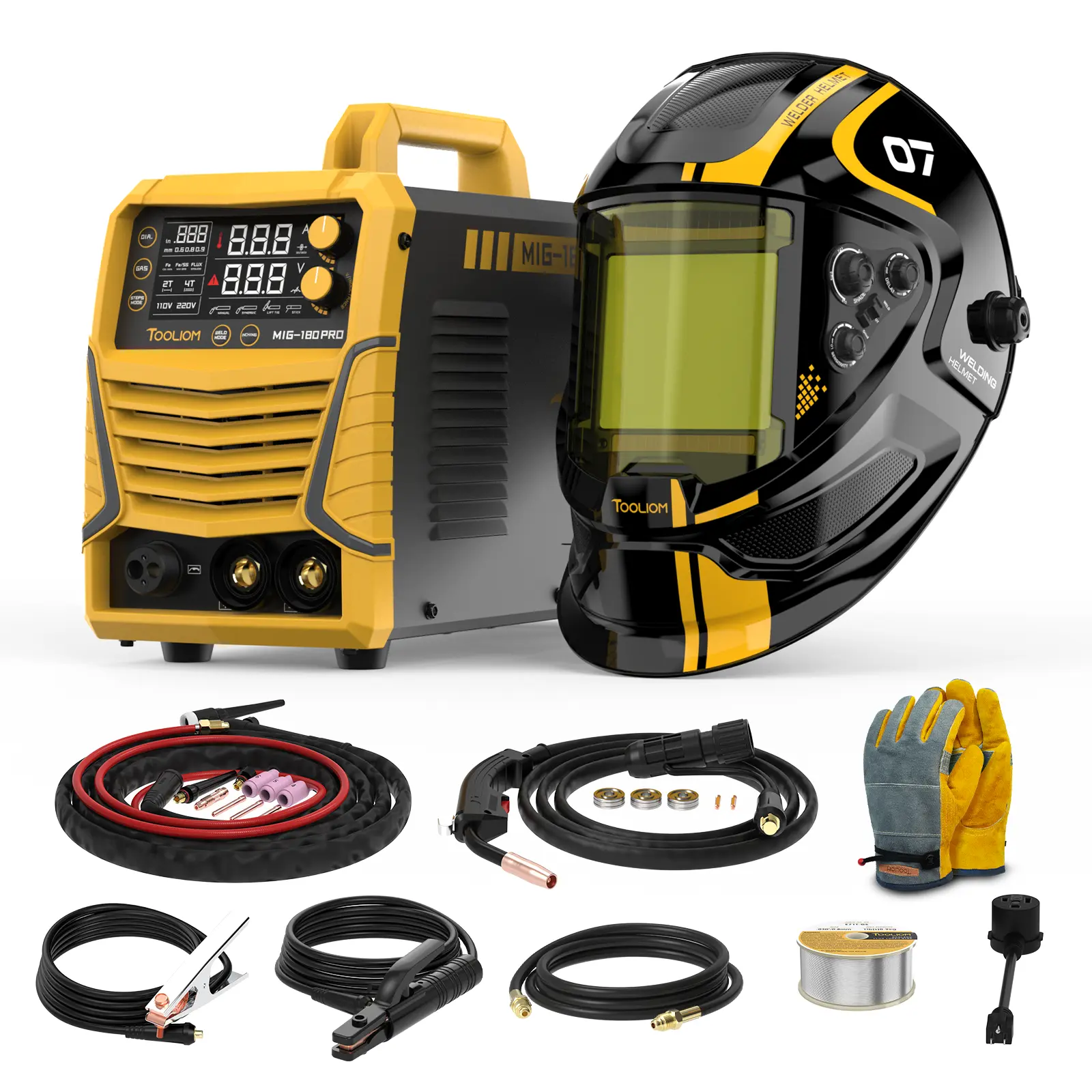 TOOLIOM MIG-180 PRO MIG Welder Value Pack - 180A 110/220V 4-in-1 Gas MIG/Flux Core/Lift TIG/Stick Welding Machine, Bundled with TIG Torch, Gloves, E71T-GS Wire & Auto Darkening Helmet