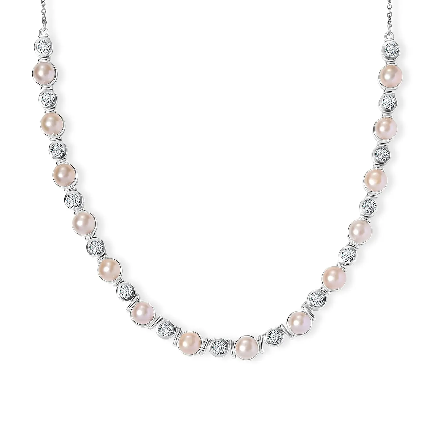 EverTrue Pink Freshwater Pearl, White Topaz Endless Pearl Harmony Necklace (18-20 Inches) in Platinum Bond 4.60 ctw