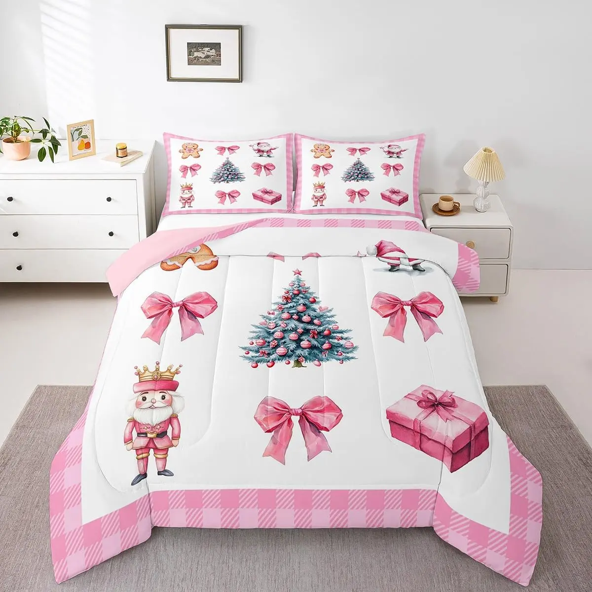 Feelyou Christmas Tree Bedding Comforter Set - Holiday-Themed Polyester Fiber Quilt Duvet with Pink Xmas Bowknot, Cute Santa Claus, Gingerbread Man, Kawaii Grid Plaid, Multi-Size, U-Stitching, Travel-Friendly