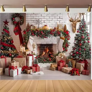1pc Polyester Festive Christmas Backdrop - Summervibes Decorating Banner with Decorated Tree, Gift Boxes, Cozy Fireplace Scene, Photo-Ready for Holiday Party, Birthday Celebrations, Home & Party Supplies