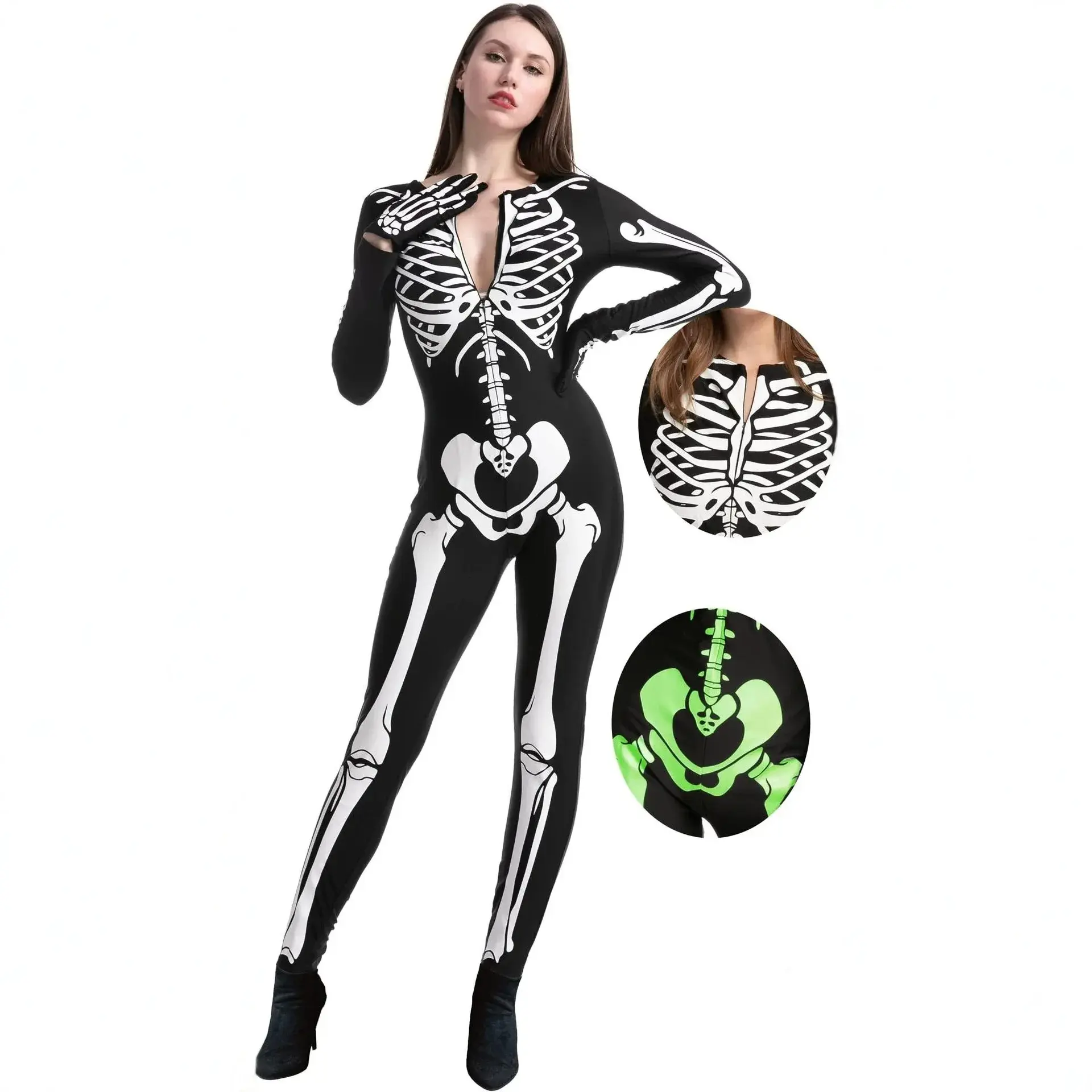 Women Skeleton Printed Jumpsuit Halloween Party Performance Tight Bodysuits   Funny toys and farce toys