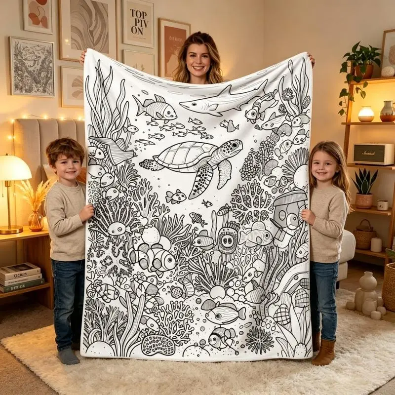 Black & White Underwater Ocean Doodle Coloring Blanket, Sea Turtle Fish Coral Line Art Flannel Throw Blanket, Kids Adult Relax Coloring Page Blanket Nautical Coastal Bedroom Decor