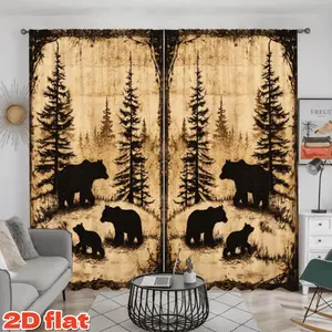 2D Flat 2Pcs Wild Black Bear & Forest Pine Tree Printed Curtain Panel, Rod Pocket Style, Semi Sunshade Polyester Fiber, Rustic Cabin Lodge Decor for Living Room, Bedroom, Balcony, Kitchen, Study Window Decoration, Christmas Gift, A