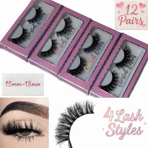 12 Pairs 15mm-18mm Lashes 4 Styles Fluffy High Quality Full Volume Faux Mink Lightweight Strip Eyelashes