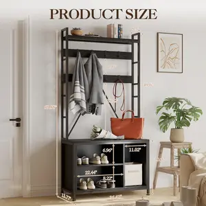 70" Shoe Rack with Coat Hanger, Metal Frame Hall Tree with Bench and Shoe Storage, Hooks & Open Shelf, Standing Entryway Clothing Rack for Hallway, Living Room, Mudroom