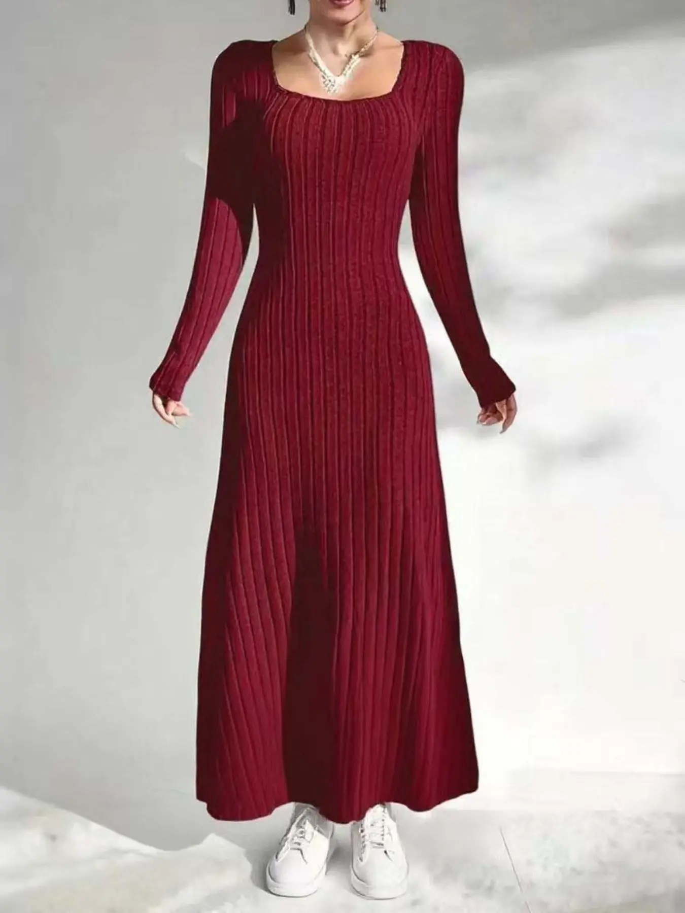 Elegant French Vintage Wine Knit Statement Dress, Slimming Square Neck Long Winter Dress, Women's Fashion Fall & Winter, Fitted Womenswear, Lady
