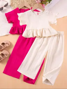 Toddler Girl's Solid Ruffle Trim Crop Top & Wide Leg Pants Set, Elegant Fashion Casual Round Neck Top & Trousers for Daily Outdoor Wear, Kids Clothing for Summer, Outfits