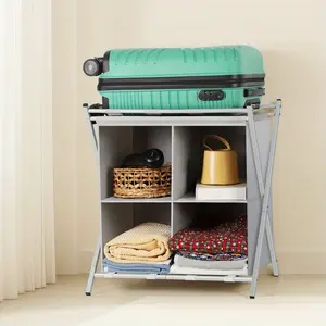 Heavy-Duty Folding Luggage Rack with Storage Shelf - Space-Saving Suitcase Stand with Fabric Shelf, Iron Luggage Holder for Guest Room, Hotel, Bedroom - Suitcase Display for Small Spaces, Storage Furniture,, Luggage Racks