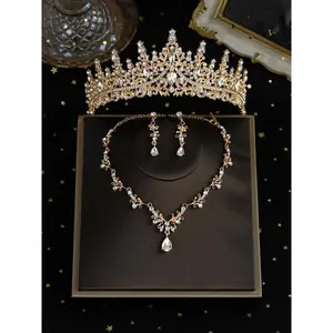 4pcs/set Women's Elegant Rhinestone Decorated Crown & Earrings & Pendant Necklace, Wedding Bridal Jewelry Set, Luxury Wedding Crown, Fashion Jewelry for Party, Daily Clothing Decor for Girl