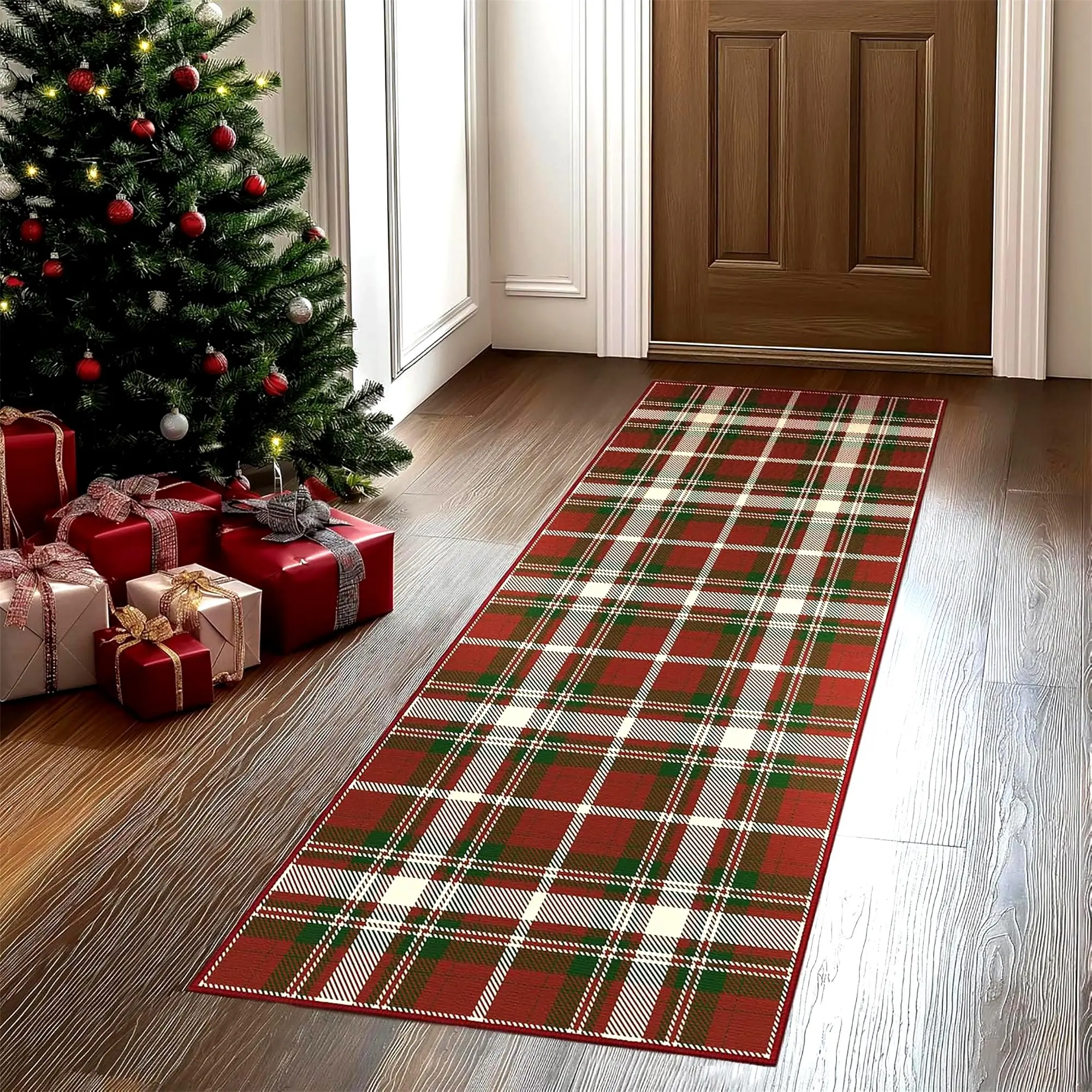 Christmas Decor Plaid Print Carpet, Foldable Washable Soft Multifunctional Decorative Area Rug for Living Room Bedroom Hallway Kitchen, Casual Style Home Mat