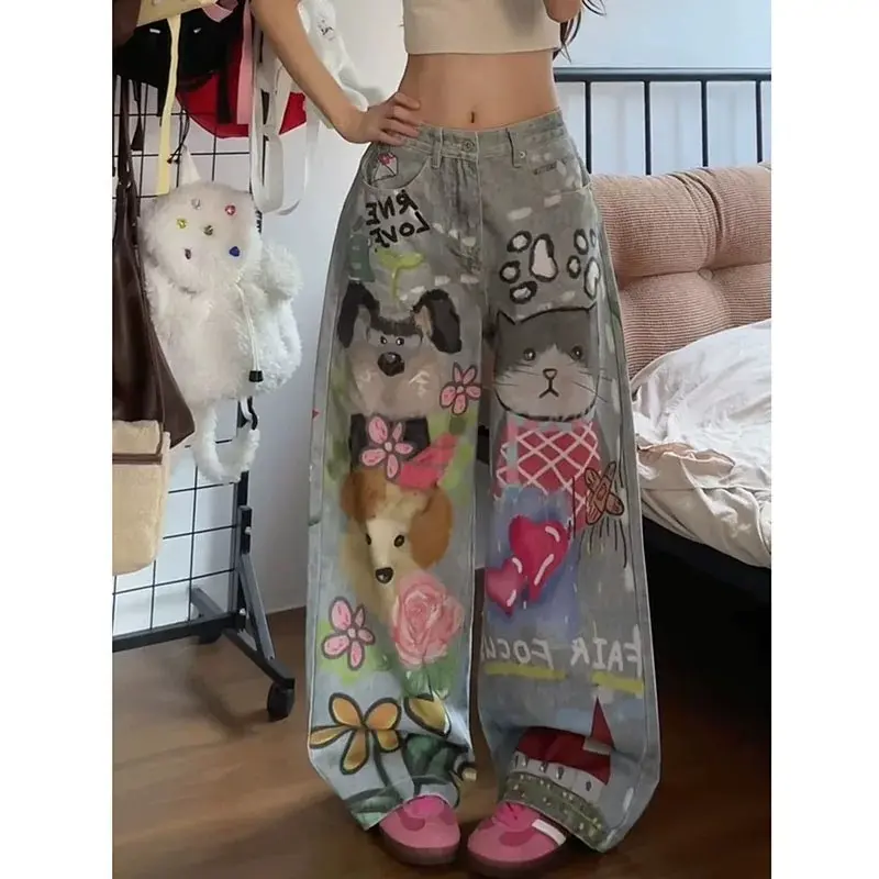 Y2K Cartoon Pet Print Wide Leg Jeans Women, Vintage Light Wash Baggy Denim Trousers, Full Length Dog Cat Floral Heart Graffiti Print High Waist Loose Stacked Pants for Kawaii Indie Coquette Skate Street Outfits