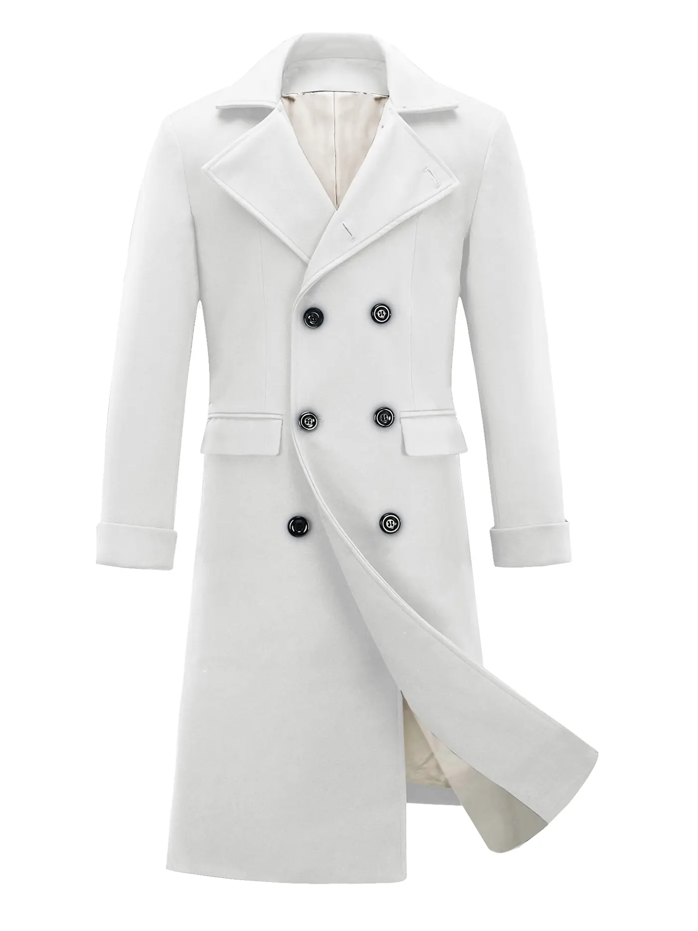 Men's Casual Trench Coat Notched Collar Long Jacket Overcoat Double Breasted Pea Coat wih Pockets Menswear Tops