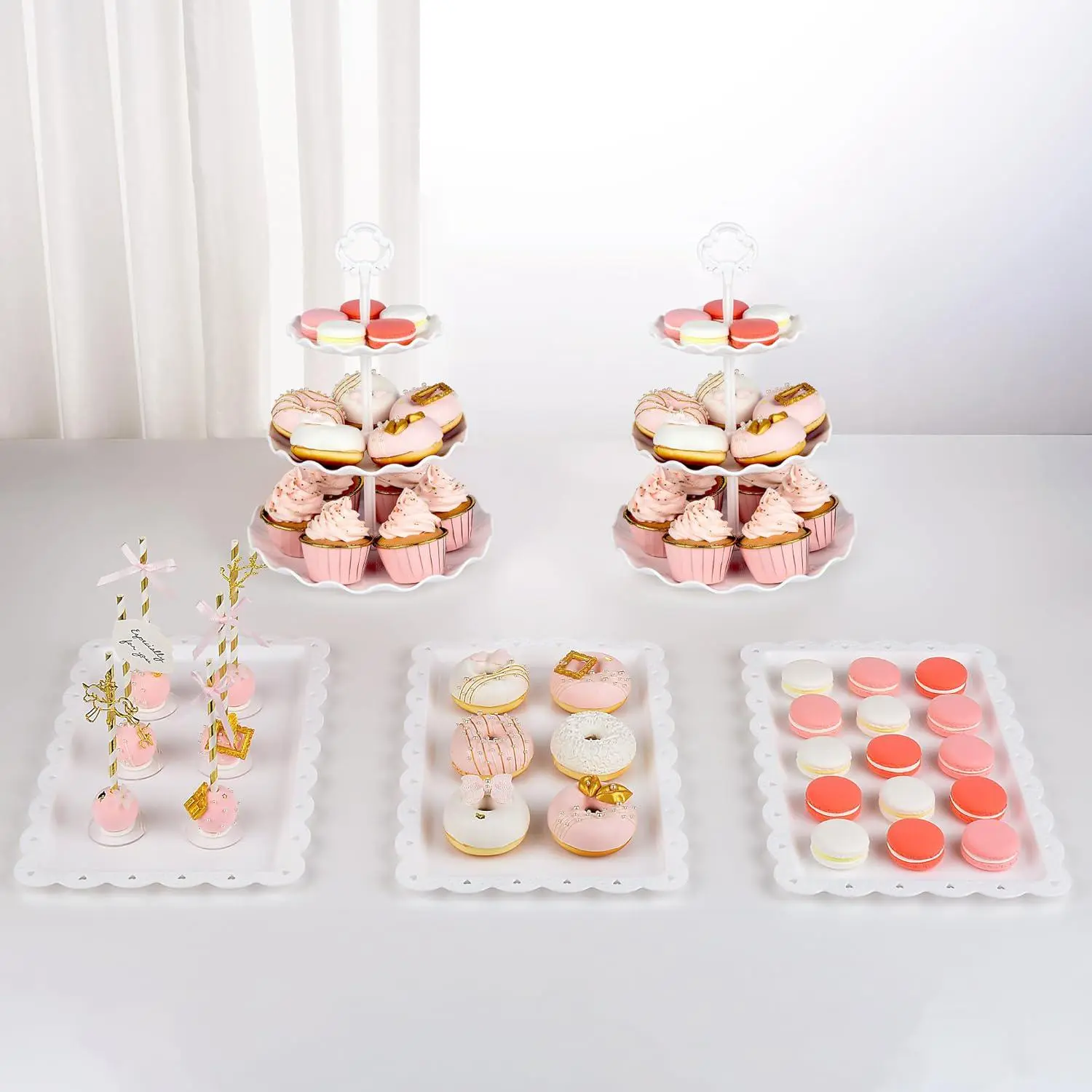 5 Piece Cake Stand Set Cake Stand White Plastic Dessert Table Display Set with 2 Large 3-Tier Cupcake Stands 3 Appetizer Trays Perfect for Wedding Birthday Tea Party campingessentials