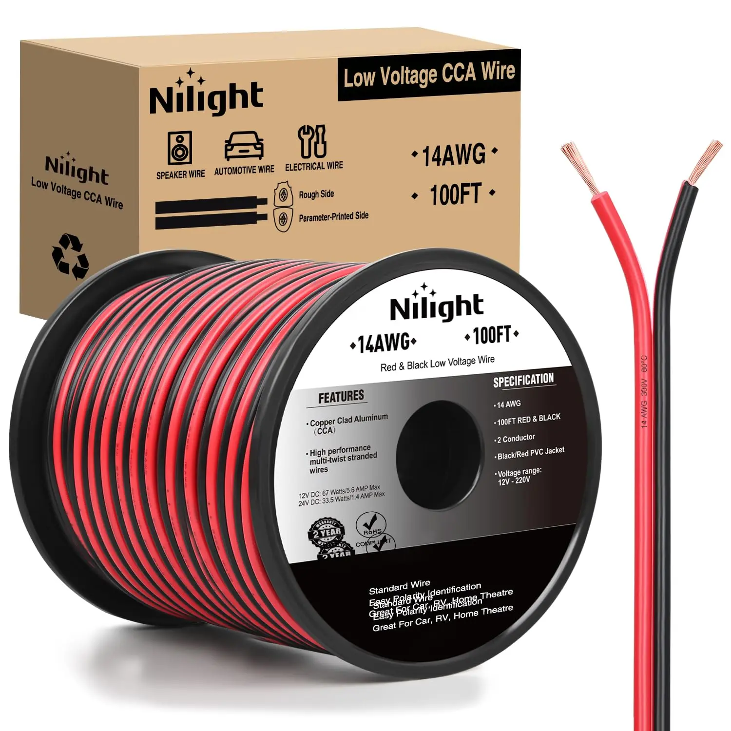 Nilight Wired 100FT 14AWG Flexible PVC Copper Clad Aluminum 14/2 Gauge Red-Black Wires, Low Voltage 2-Conductor Parallel CCA Electrical Cable, 12V/24V DC Extension Cord for Car Audio Radio Speaker Connection, Vehicle & Auto Parts Accessories, Car Accessor