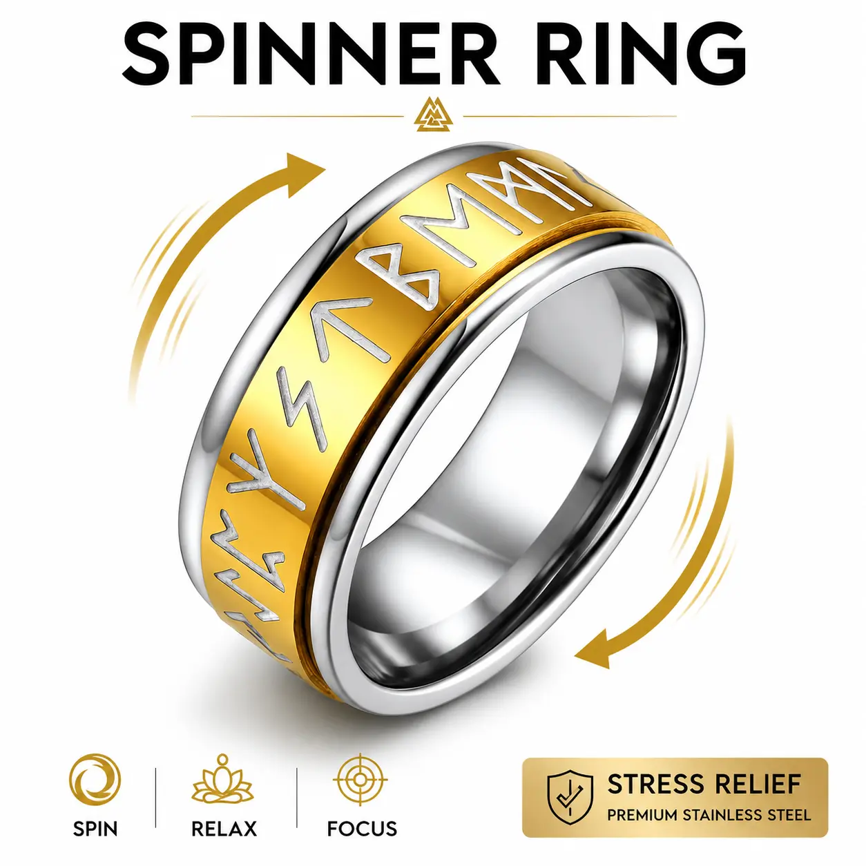 FaithHeart Viking Norse Rune Anti Anxiety Casual Jewelry - Unisex 2.7mm Stainless Steel Metal Ring, Cuban Link Chain Compatible Stress Relief 9.5g Smooth 9mm Fidget Black Adult Jewelry Ring, Jewelry Rings