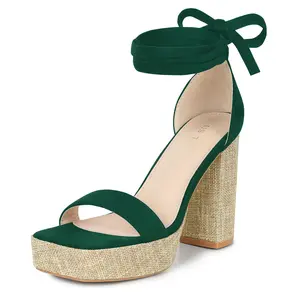 BLISSFUL STEP Women's Platform Sandals Square Toe Chunky Heels Lace Up Sandals