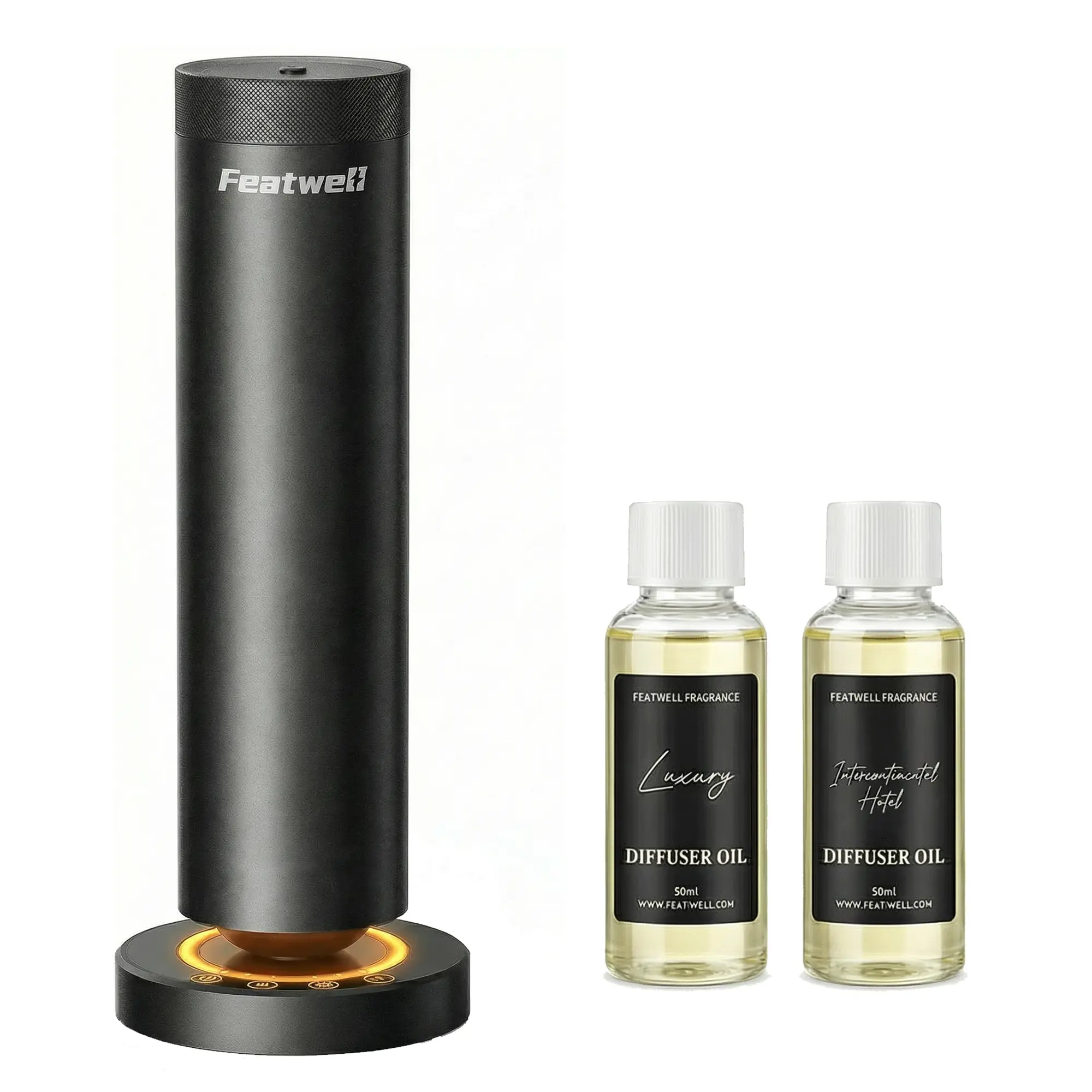 Featwell Waterless Diffuser with 100ML Essential Oils Aromatherapy for 1000 Sq Ft Home Hotel Adjustable Mist Tire Scent with Night Light Black Herbal Diffuser Scented Perfume Humidifier Diffuser