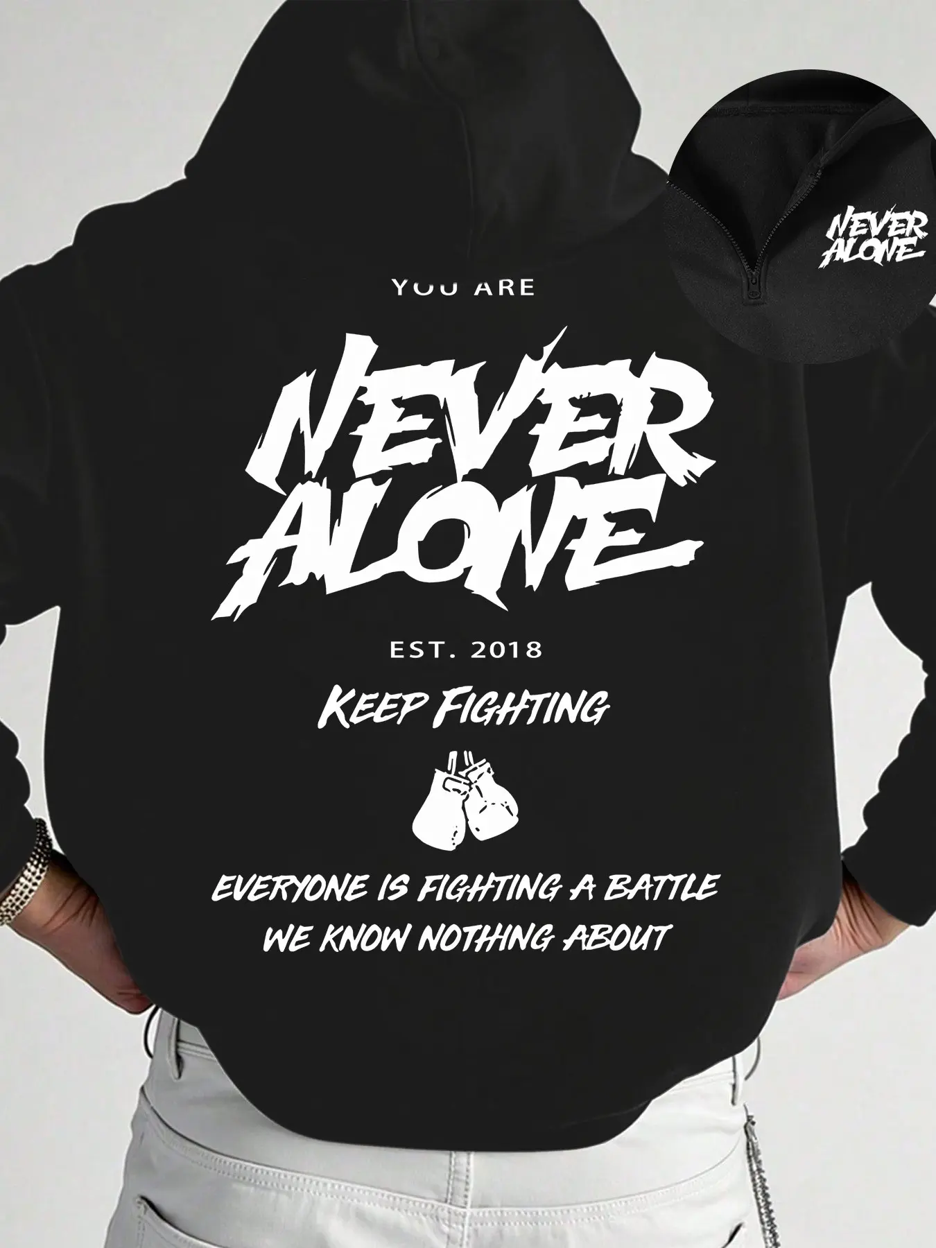 Trendy Inspirational 'never Alone' Hoodie, Eye-Catching Vintage Print, 'keep Fighting' Slogan, Boxing Glove Design, Loose Oversized Fit
