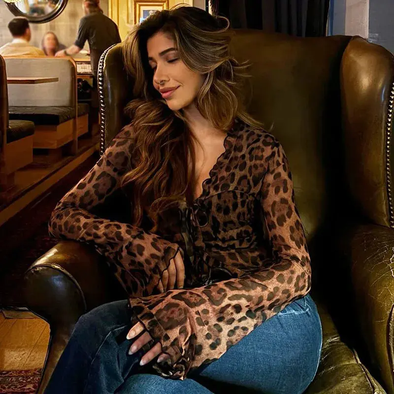 Women's Medium Length Bold Leopard Print Blouse - Sexy Sheerness Long Sleeve Tops with Frill Trim, Tie-Front, Elastane Fabric, Fashion Casual Wear for Spring & Fall