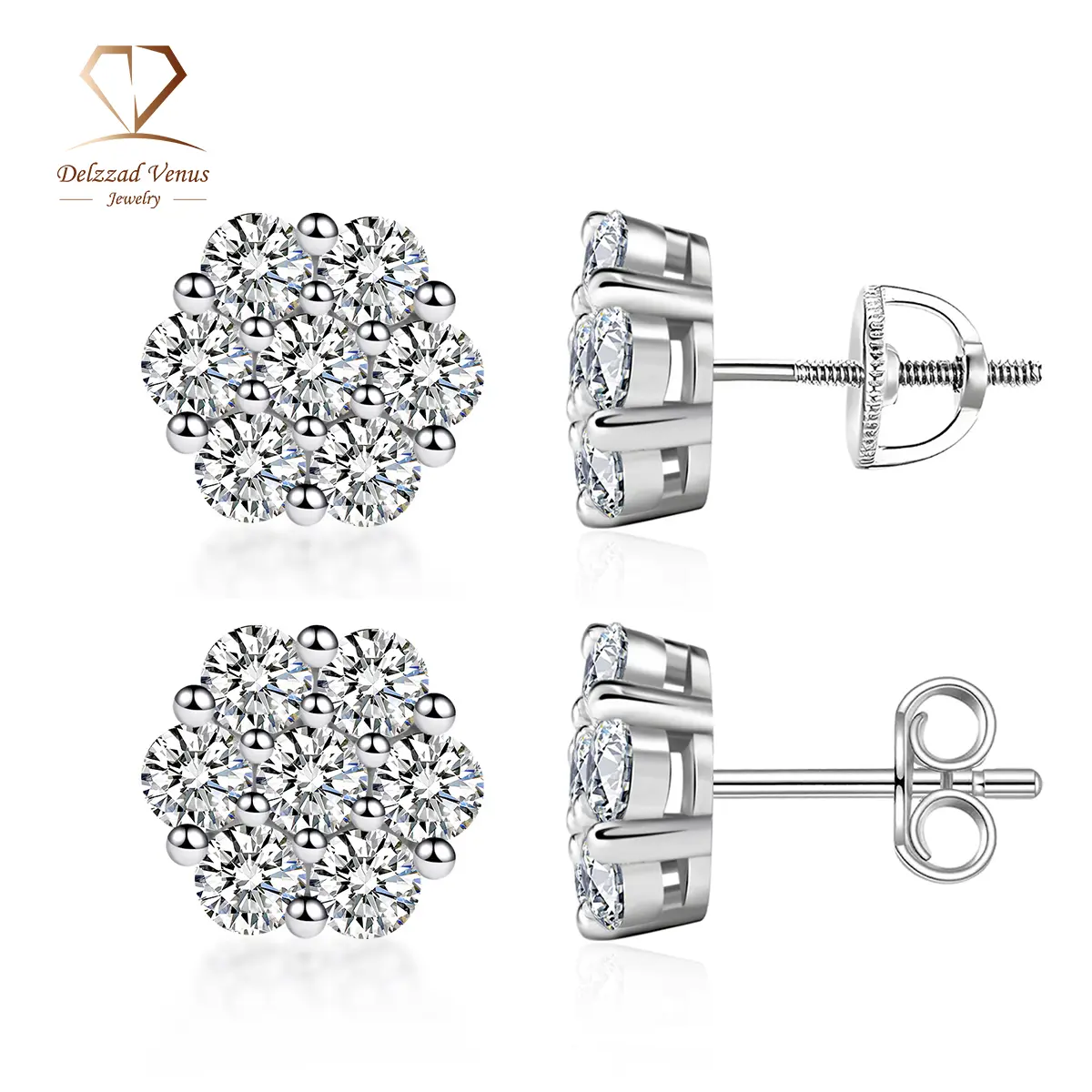DELZZAD Moissanite Studs, S925 Sterling Silver Flower Earrings for Women, D-Color VVS Grade Fashion Jewelry, Multi-Size, Birthday or Engagement Gift with Jewelry Box, Moissanite Earrings, Anniversary, Clarity